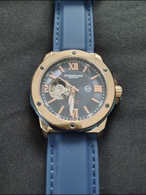 Stuhrling Original Navy Blue Silicone Strap Automatic Watch - Rose Gold Case